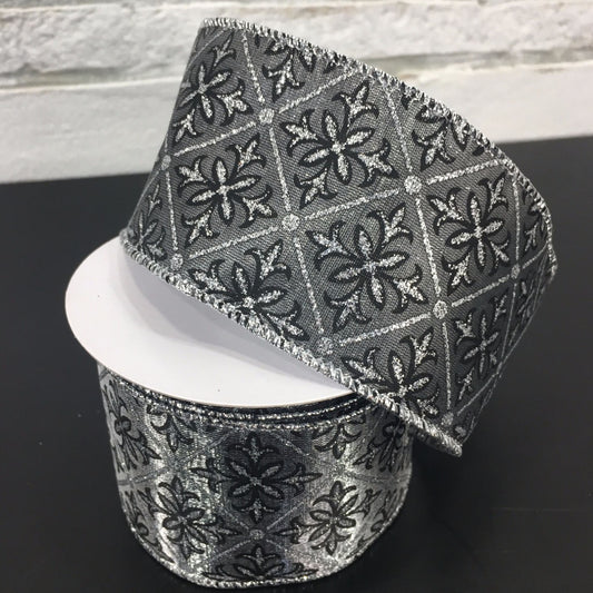 2.5" X 10YD Diamond and Floral Jacquard Ribbon in Black/Silver | YT