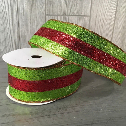 2.5" X 10YD Glitter Stripe Ribbon in Green/Red | YT