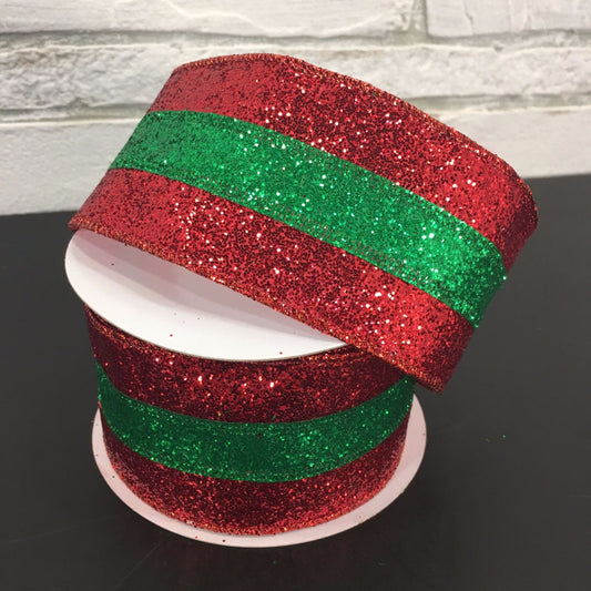 2.5" X 10YD Glitter Stripe Ribbon in Red/Green | YT