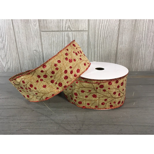 2.5" X 10YD Natural Faux Linen Glitter Berry Vine Ribbon in Natural/Red | YT