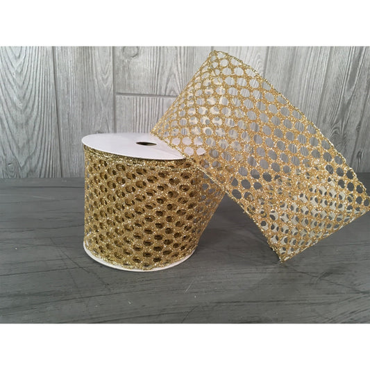 4" X 10YD Glitter Dot Mesh Ribbon in Champagne, Red, or Silver | YT
