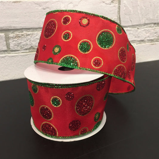 2.5" X 10YD Satin with Glitter Multi Colors Size Dots in Red/Green | YT