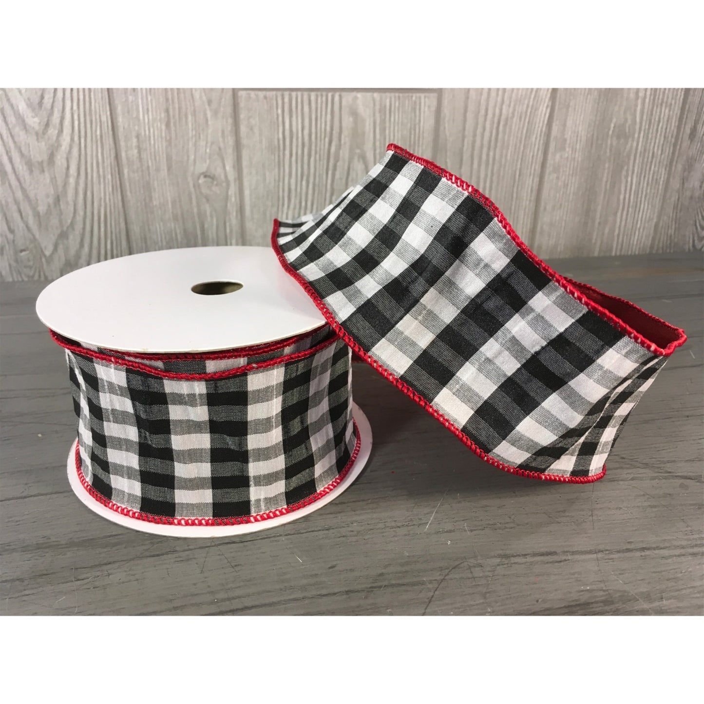 2.5" X 10YD Black/White Plaid Ribbon with Red Backing and Red Edge | YT