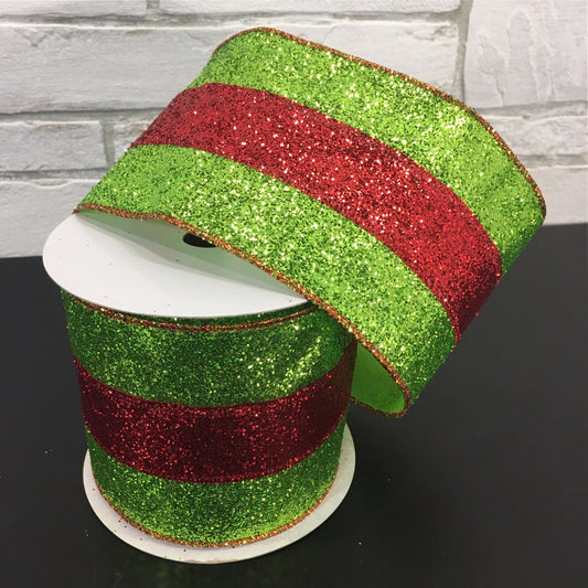 4" X 10YD Glitter Stripe Ribbon in Green/Red | YT