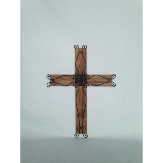 26.5" x 19.5" Metal Cross with Wood Base in Antique Brown | XJE