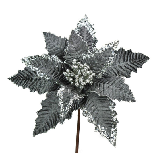24" x 11.5"D Sequin Edge Velvet Poinsettia Stem in Gray | QG