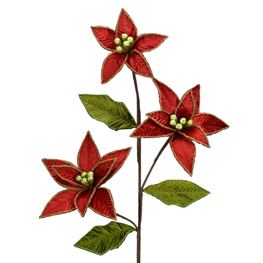 28" Twisted Edge Velvet Poinsettia Stem in Red/Apple or Red/White | QG