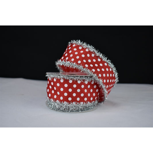 2.5" x 10YD Red Satin White Dot and Red Tinsel Edge | YT