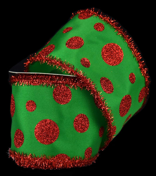 4" x 10YD Dot Ribbon with Green Fabric Base All Red Dot Mixed Size | YT