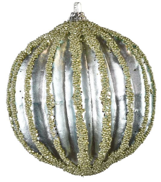 3.75" Metallic Ridged Bead Ball Ornament in Aqua/Sage | TA
