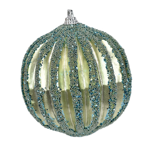 3.75" Metallic Ridged Bead Ball Ornament in Sage/Aqua | TA