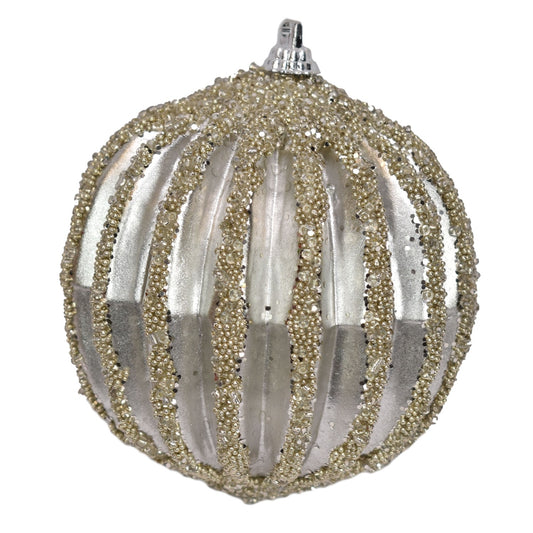 3.75" Metallic Ridged Bead Ball Ornament in Pearl | TA