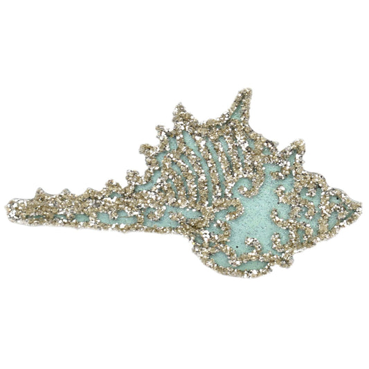 7" x 3.75" Beaded Cut-Out Sea Shell Ornament in Aqua/Champagne - TA