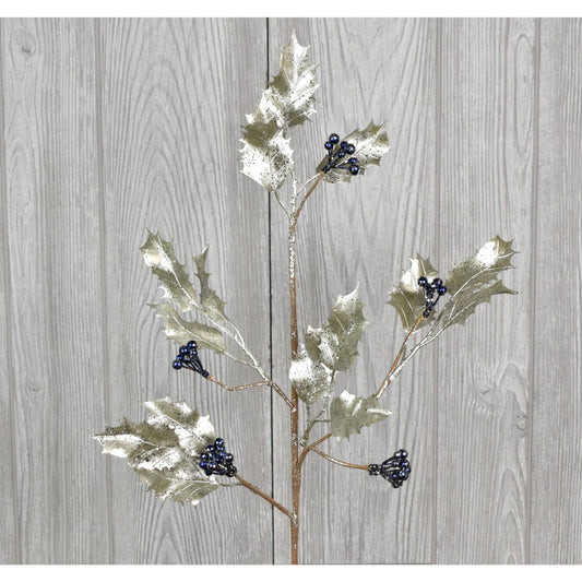 24" Metallic Holly Berry Spray in Antique Silver/Blue | TA