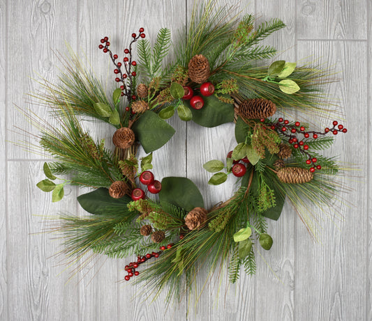 24" Long Needle Pine Leaf Poppy Cone Berry Wreath in Green/Red | QD