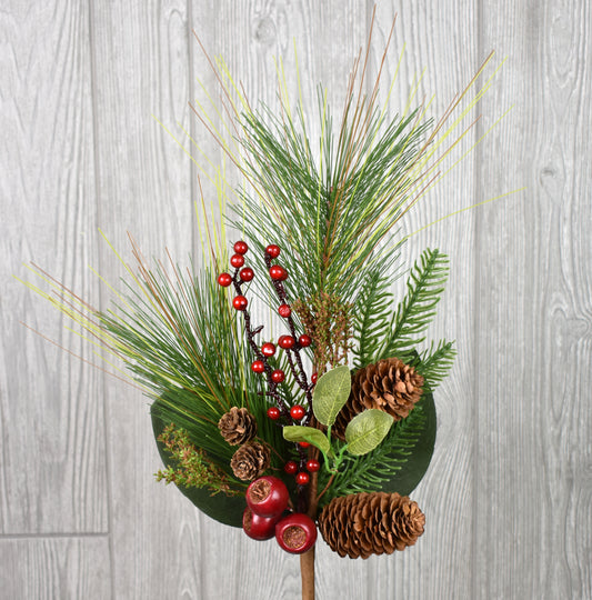 22" Long Needle Pine Leaf Poppy Cone Berry Spray in Green/Red | QD