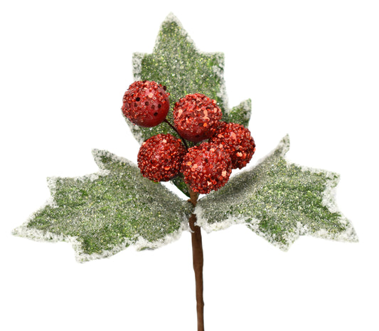 15" Iced Leaf with Glitter Berry Pick in Green/Red | QD