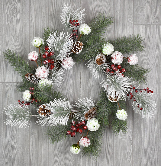 24" Ball with Snow Long Needle with Berry and Cone Wreath in Green Red | QD