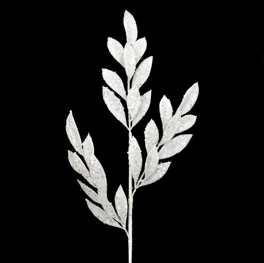 29" Glitter Leaf Spray in White | QD