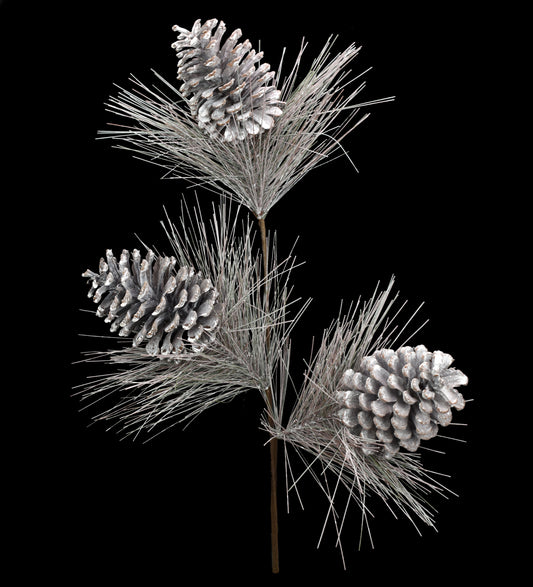 24" Frosted Long Needle with Cones Spray in Natural Green | QD