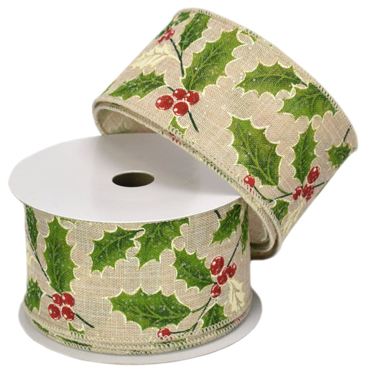 Green and Ivory Holly Leaf with Berry and Candy Glitter (2.5" x 10yd)