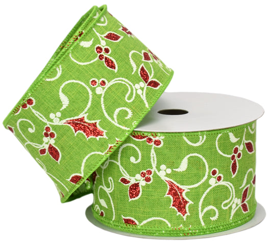 Lime with Red Glitter Holly Berry Pattern (2.5" x 10yd) YT