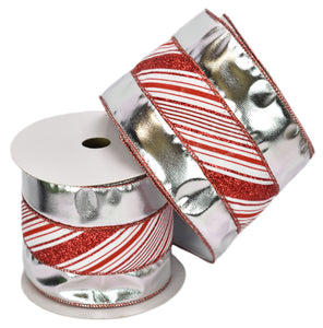 Silver Lame Centered with White & Red Glitter Candy Stripes Ribbon (4" x 10yd)