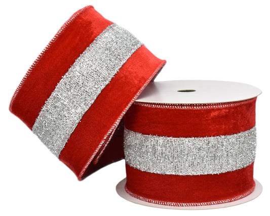 Red Flocking Velvet Center with Silver Metallic Woven Edge Ribbon (4" x 10yd)