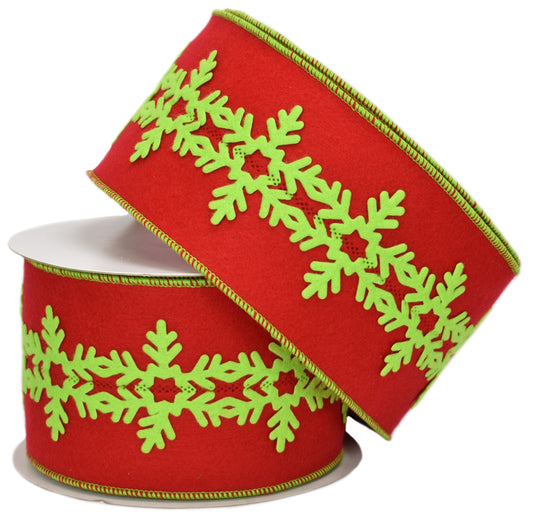 Red Flocking Velvet Center with Lime Snowflake Cut-Out Lime Edge or White Edge (4" x 10yd)