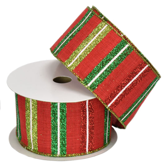 Red with Red & Green & Lime Horizontal Stripes (2.5" x 10yd)