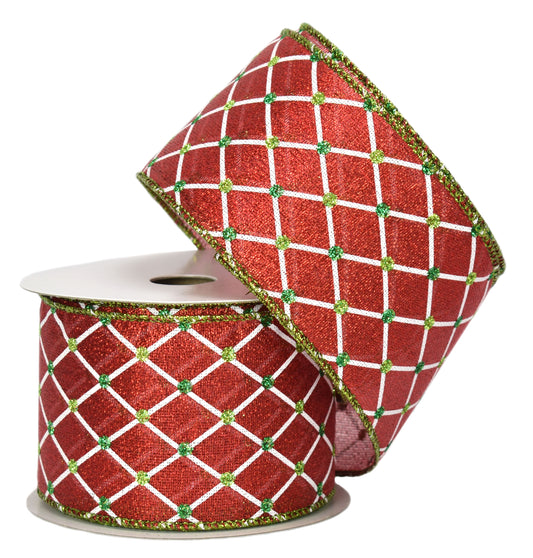 Red Metallic Sheer Ribbon with White Diamond & Green/Lime Glitter Dots (2.5" x 10yd)