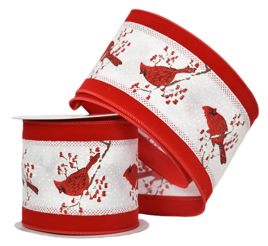 White with Red Cardinal on Snowy Branch Red Flocking Velvet Edge (4" x 10yd)