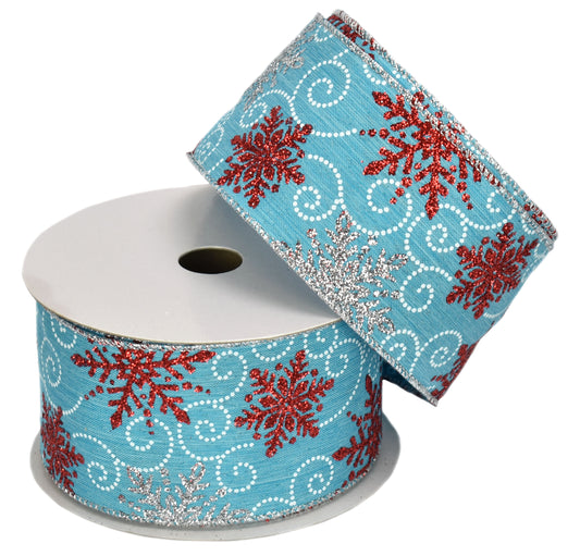 Retro Blue with Red & Silver Glitter Snowflakes Silver Edge (2.5" x 10yd)