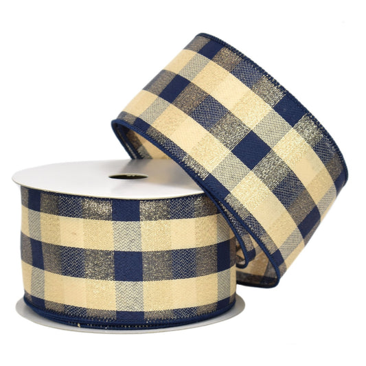 Navy Blue & Gold & Metallic Gold Buffalo Checker Ribbon (2.5" x 10yd)