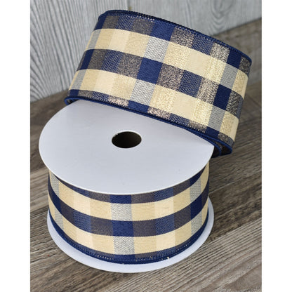 Navy Blue & Gold & Metallic Gold Buffalo Checker Ribbon (2.5" x 10yd)