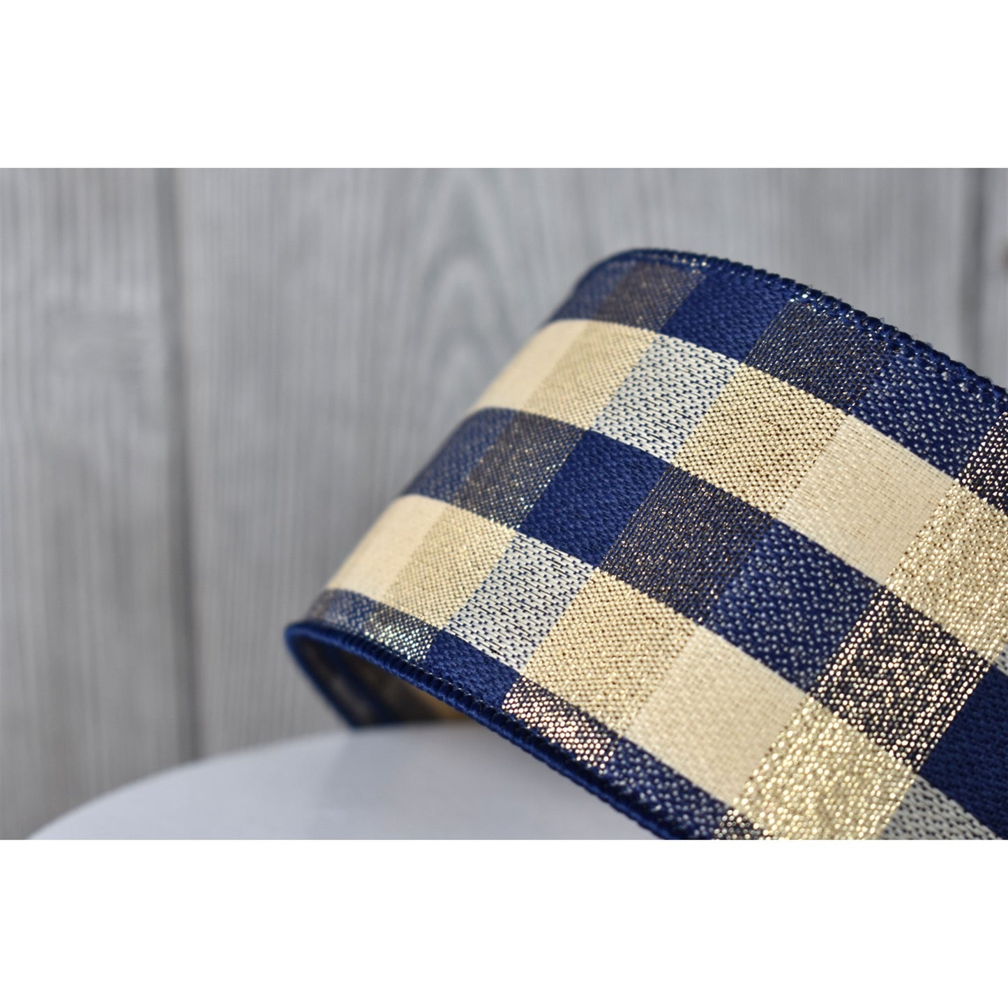 Navy Blue & Gold & Metallic Gold Buffalo Checker Ribbon (2.5" x 10yd)
