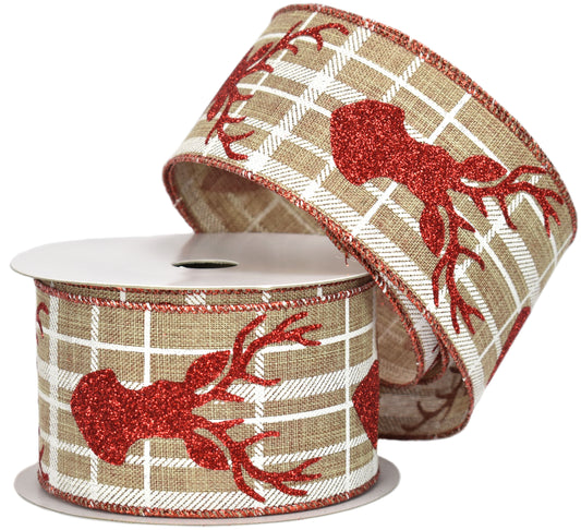 Natural / White Plaid Ribbon with Red Glitter Deer Pattern (2.5" x 10yd)