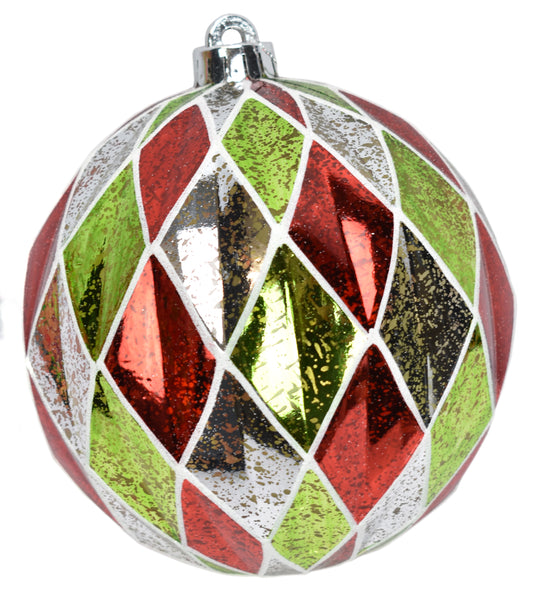 6" Harlequin Mercury Ball Ornament in Red/White/Green/Silver | XJB