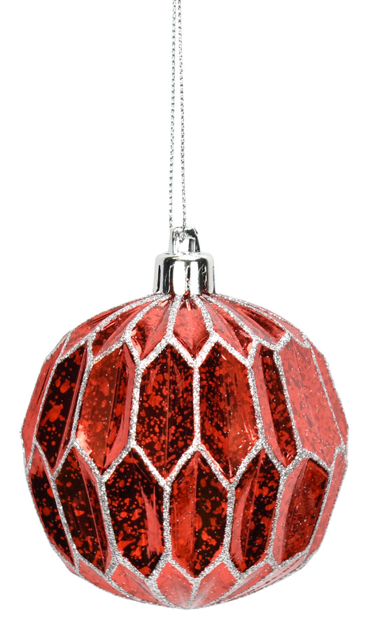 3.5" Mercury Honeycomb Glitter Ball Ornament in Red/Silver | XJB