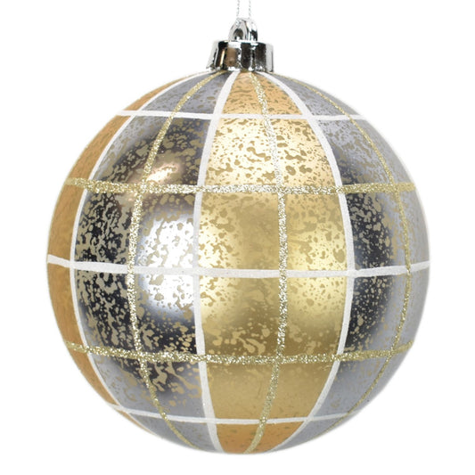 6" Plaid Mercury Ball Ornament in Platinum/Gold | XJB