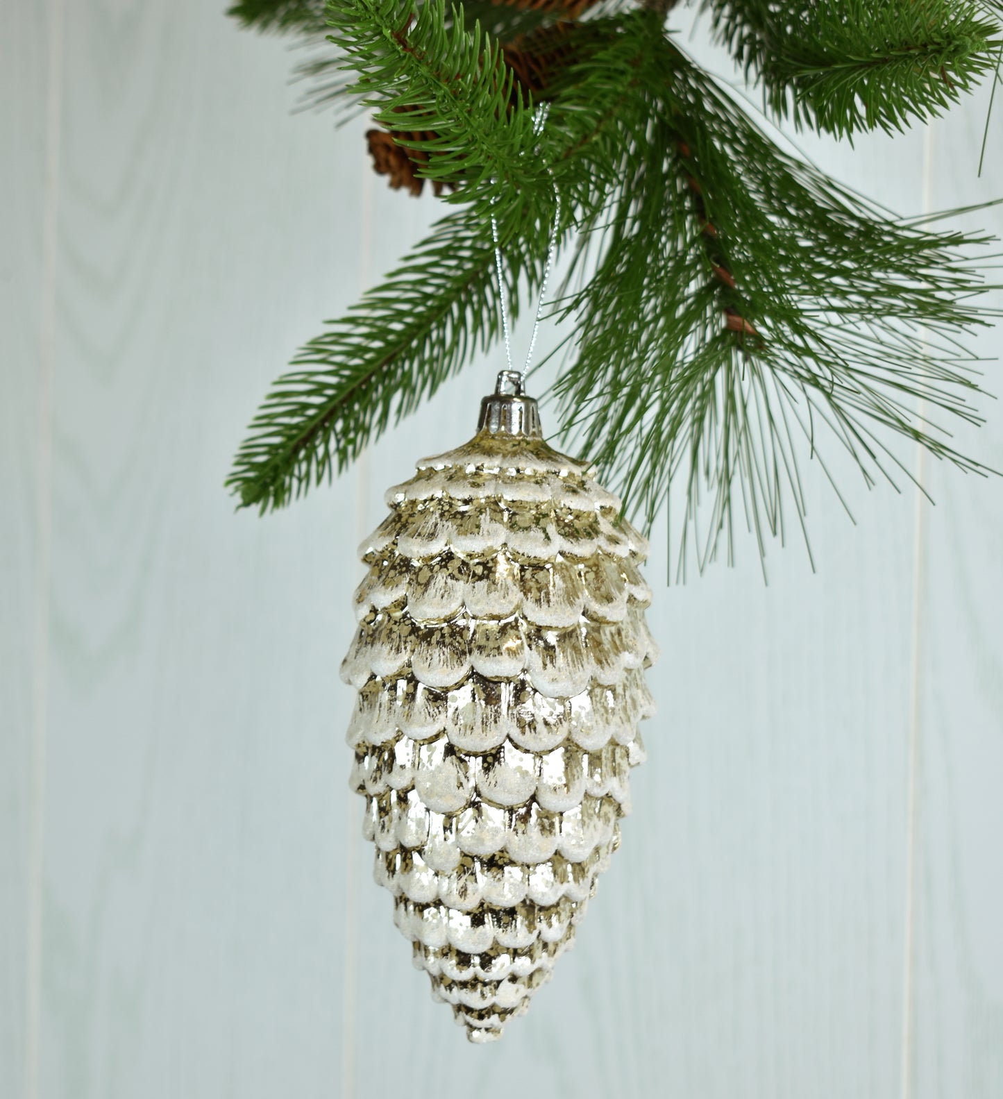 6.5" Mercury Cone with Snow Ornament in Champagne | XJB