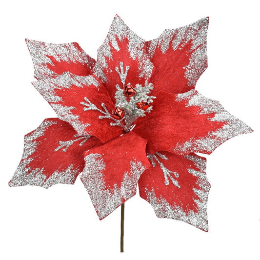 21.5" x 11.25"D Glitter Velvet Poinsettia Stem in Red/Silver | QG