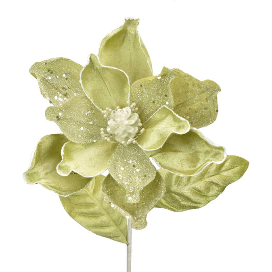 22.5" Velvet Glitter Magnolia Stem in Sage/White | QG