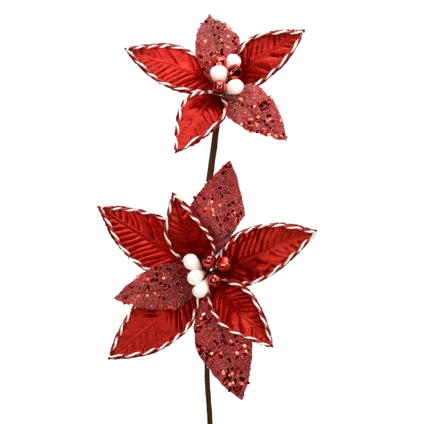 21.25" Glitter Velvet Poinsettia Stem in Red/White | QG