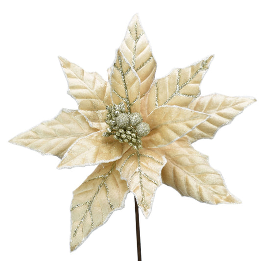 21.75" x 12"D Velvet Poinsettia Stem in Champagne | QG