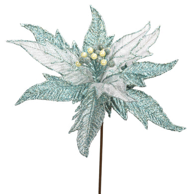 Glitter Metallic Sheer Poinsettia Stem in Blue