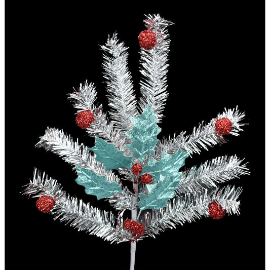 23.25" Tinsel Ball Holly Leaf Spray in Red/Silver/Blue | QG