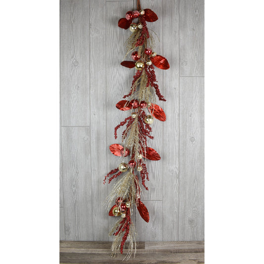 58.5" Metallic Leaf, Ball, Berry, Pine Garland in Red/Champagne | QG