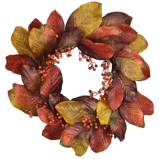 24" Autumn Harvest Magnolia Leaf Berry Wreath | XJ