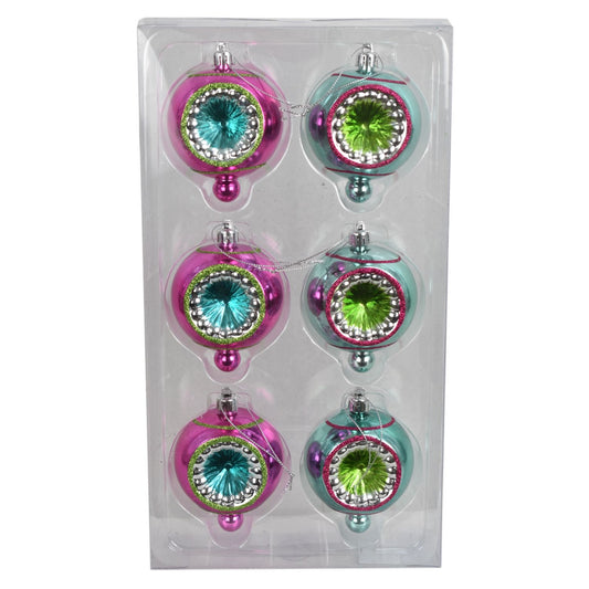 4" x 3" Retro Cat Eye Ornaments Box of 6 in Turq/Fuch/Silve/Green | XJB
